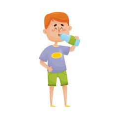 Happy Red-Haired Boy Standing and Drinking Water From Plastic Bottle Vector Illustration