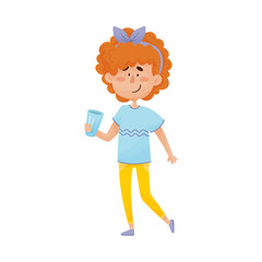 Young Red-haired Girl Character Standing and Drinking Still Water From Glass Vector Illustration