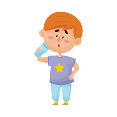 Funny Red-Haired Little Boy Standing With Glass of Water Vector Illustration