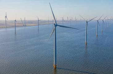Aerial view of wind turbines at sea, North Holland, Netherlands