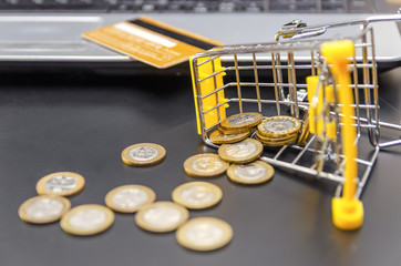 Shopping cart with scattered gold coins and a credit card near the laptop close-up. The concept of...