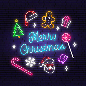 Merry Christmas and 2020 Happy New Year neon sign with christmas tree, gift, santa hat, bird. Vector. Neon design for xmas, new year emblem, bright signboard, light banner. Night signboard