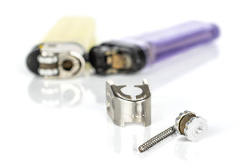 Group of two whole three pieces of plastic lighter isolated on white background