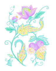 Fantasy flowers, traditional Jacobean embroidery style. Elements for design. Vector illustration in bright pink and green colors isolated on white background..