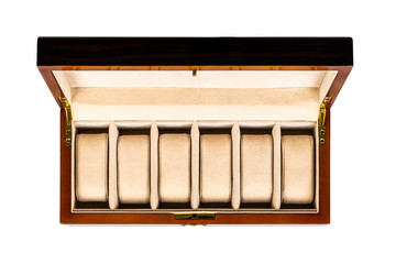 Empty brown wooden luxury jewelry watch case box with open lid and padded inside on white background. Top view from above.