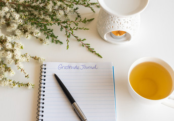 Close up of notebook and pen with handwritten Gratitude Journal text on table with oil burner and...