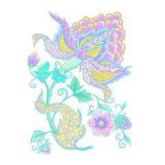 Fantasy flowers, traditional Jacobean embroidery style. Elements for design. Vector illustration in bright pink and green colors isolated on white background..