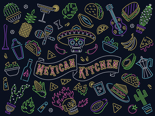 Mexican kitchen food and icons in neon style