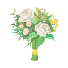 Fototapeta premium Bridal Bouquet Vector Illustration. Tied With Ribbon Bunch of Flowers