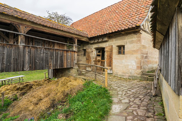 Bad Windsheim, Germany - 16 October 2019: View from a half timbered house in a german village.