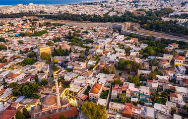 Rhodes old town aerial panoramic view in sunset Rhodes island in Greece.