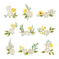White Roses and Twigs Vector Elements Set For Decoration