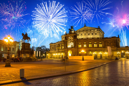 New Years firework display over the Semperoper Opera in Dresden. Germany
