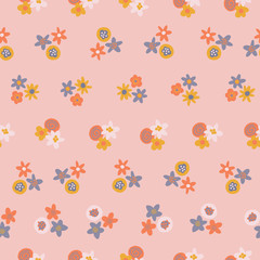 Scandinavian ditsy flowers seamless vector background. Blue orange yellow floral elements on light pink background. Contemporary flat nature design for surface pattern design, web banner, fabric