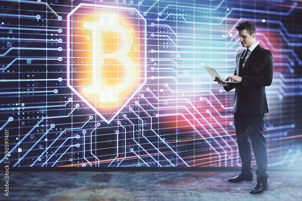 Aufkleber man and blockchain theme hologram. multi exposure. concept of cryptocurrency