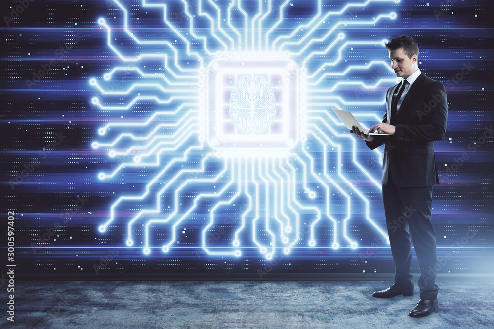 Poster man and brain icon hologram. double exposure. concept of data development