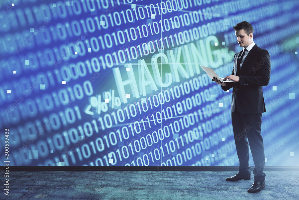Poster man and hacking icon hologram. double exposure. concept of data safety