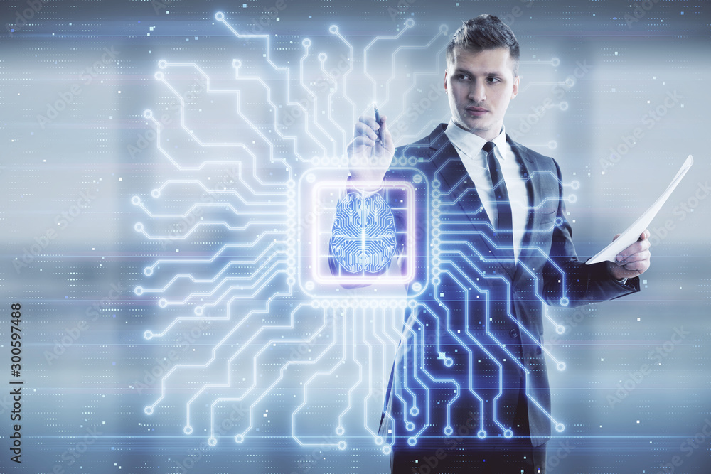 Poster man and brain icon hologram. double exposure. concept of data development