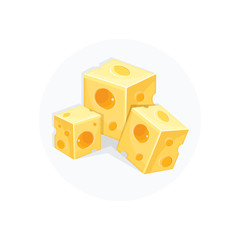 Square pieces of cheese in vector. Cartoon illustration of healthy dairy products. Icon of cheese isolated on a white background. Flat yellow milk food symbol for web site design, mobile app.