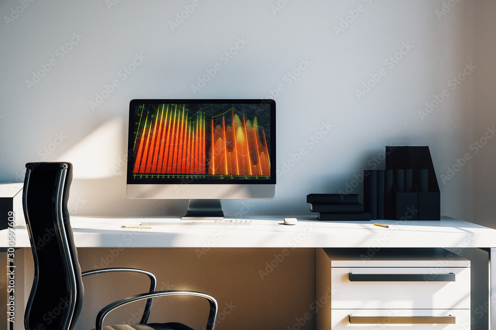Aufkleber cabinet desktop interior with financial charts and graphs on computer screen. concept of stock marke