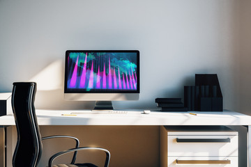 Cabinet desktop interior with financial charts and world map on computer screen. Concept of international market analysis and trading. 3d rendering.