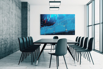 Conference room interior with financial chart on screen monitor on the wall. Stock market analysis...