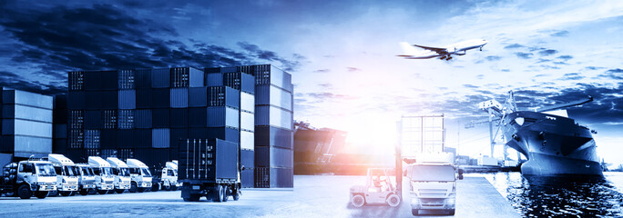 Industrial Container Cargo freight ship, forklift handling container box loading for logistic...