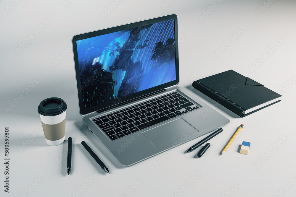 Poster laptop closeup with world map on computer screen. international education concept. 3d rendering.
