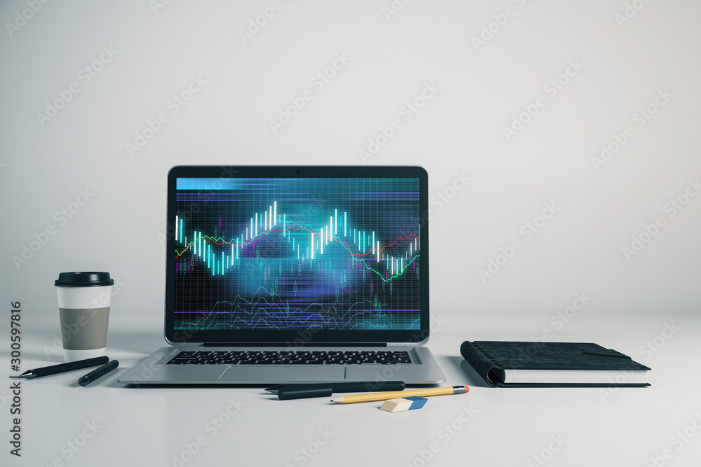 Poster laptop closeup with forex graph on computer screen. financial trading and education concept. 3d rend