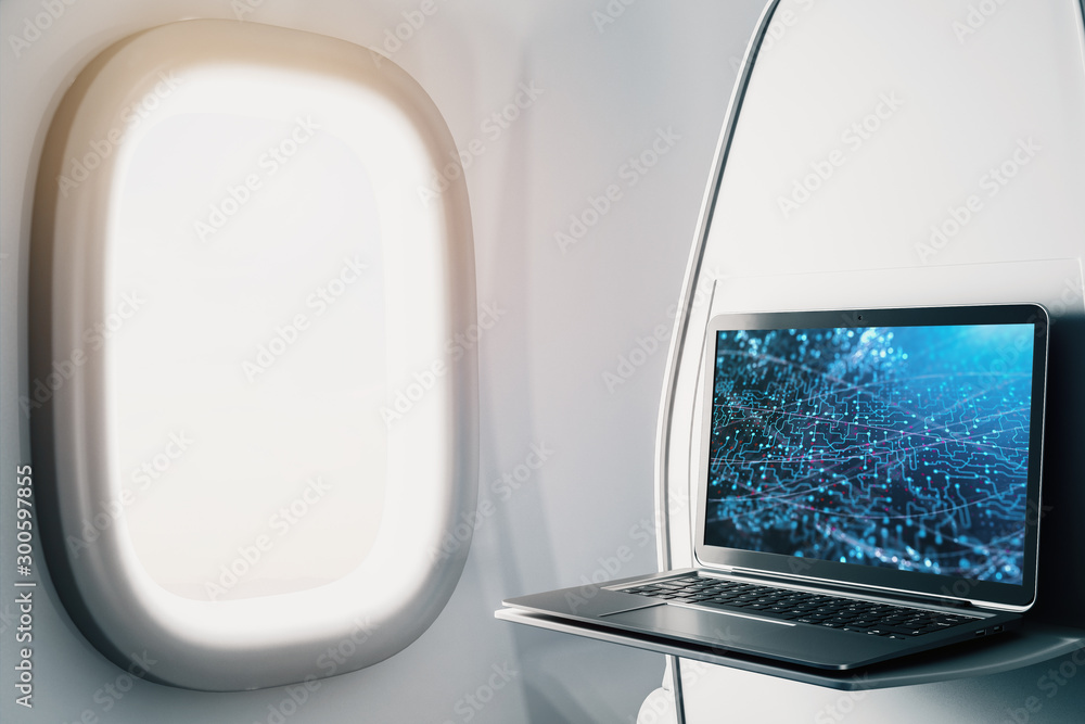 Poster laptop closeup inside airplane with technology picture on screen. technology concept. 3d rendering.