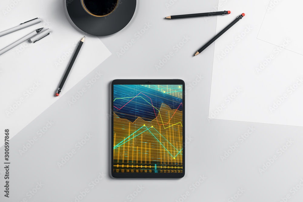 Aufkleber digital tablet closeup top view with financial graph on screen. online trading application concept. 