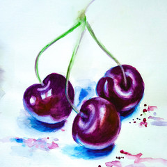 illustration three juicy cherries painted in watercolor