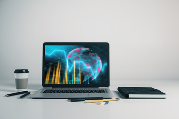 Laptop closeup with forex graph and world map on computer screen. Financial trading and education concept. 3d rendering.