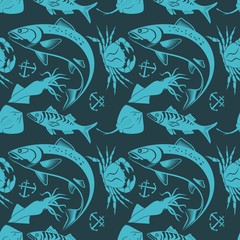 Seamless pattern with squid, salmon fish, stingray and king crab. 
