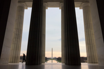Early morning vista looking out onto the ceremonial boulevard of the National Mall in Washington DC from the Lincoln Memorial