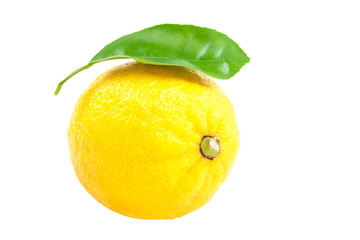 Lemon with green leaves isolated on white background