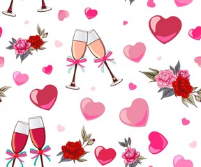 Romantic Seamless pattern with red hand-drawn hearts on a white background. Hand drawing doodle seamless pattern with hearts and glasses with a drink. Valentine's day design elements. Red and black.