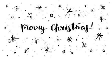 Merry Christmas banner with lettering, snowflakes and drops. Black and white invitation design