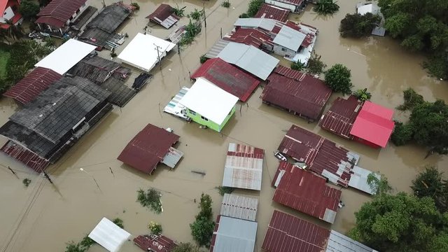 High-angle view of the Great Flood, Meng District, Ubon Ratchathani Province, Thailand, on September 13, 2019, is a photograph from real flooding. With a slight color adjustment
