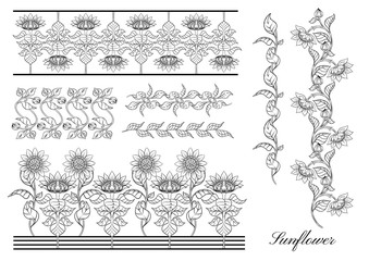 Sunflower. Set of elements for design Vector illustration. Outline hand drawing in art nouveau style, vintage, old, retro style.