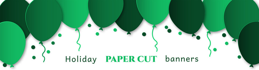 Horizontal banner for congratulations. Green flying balls on a white background. Design in the style of paper cut, art for birthday, wedding.