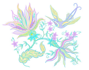 Obraz na płótnie Canvas Fantasy flowers, traditional Jacobean embroidery style. Elements for design. Vector illustration in bright pink and green colors isolated on white background..