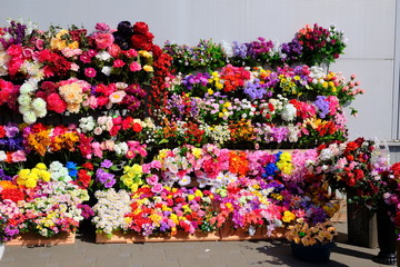 Market flower stall and colourful flowers
