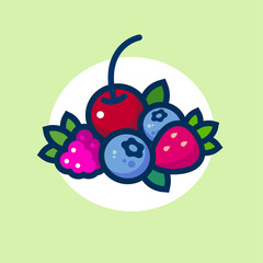 Forest berries illustration. Ripe berries with leaves. Icon of health products on a light background. Berries simple emblem.