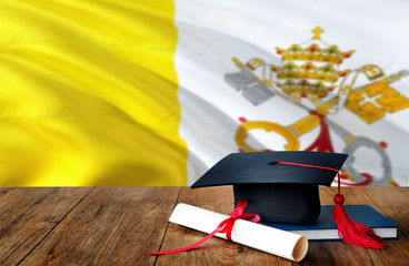 Vatican City education concept. Graduation cap and diploma on wooden table, national flag background. Succesful student.