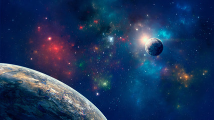 Space background. Colorful nebula with two planet. Elements furnished by NASA. 3D rendering © Space Creator