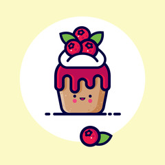 Muffin with whipped cream, fruit syrup and cowberries or cranberry. Yummy dessert Icon. Cute kawaii illustration. Japanese style.  