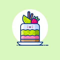 Cheesecake with cream, mousse, jelly, lime slices and strawberry. Yummy dessert Icon. Cute kawaii illustration. Japanese style. 