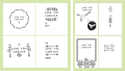 Fototapeta na wymiar Square cards and vertical posters for valentines day. Minimalistic hand drawn clipart. Hearts, pigeons, arrows, birds, trees, branches, wings. Decorative design elements. Doodle style. 