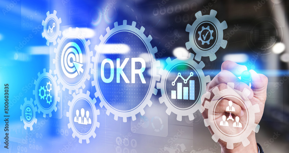 Poster objective key results business technology process improvement concept on virtual screen.